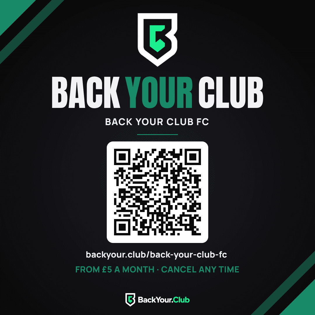 A square social post for an example club, Back Your Club FC, with a crest, a QR code and the address backyour.club slash back-your-club-fc