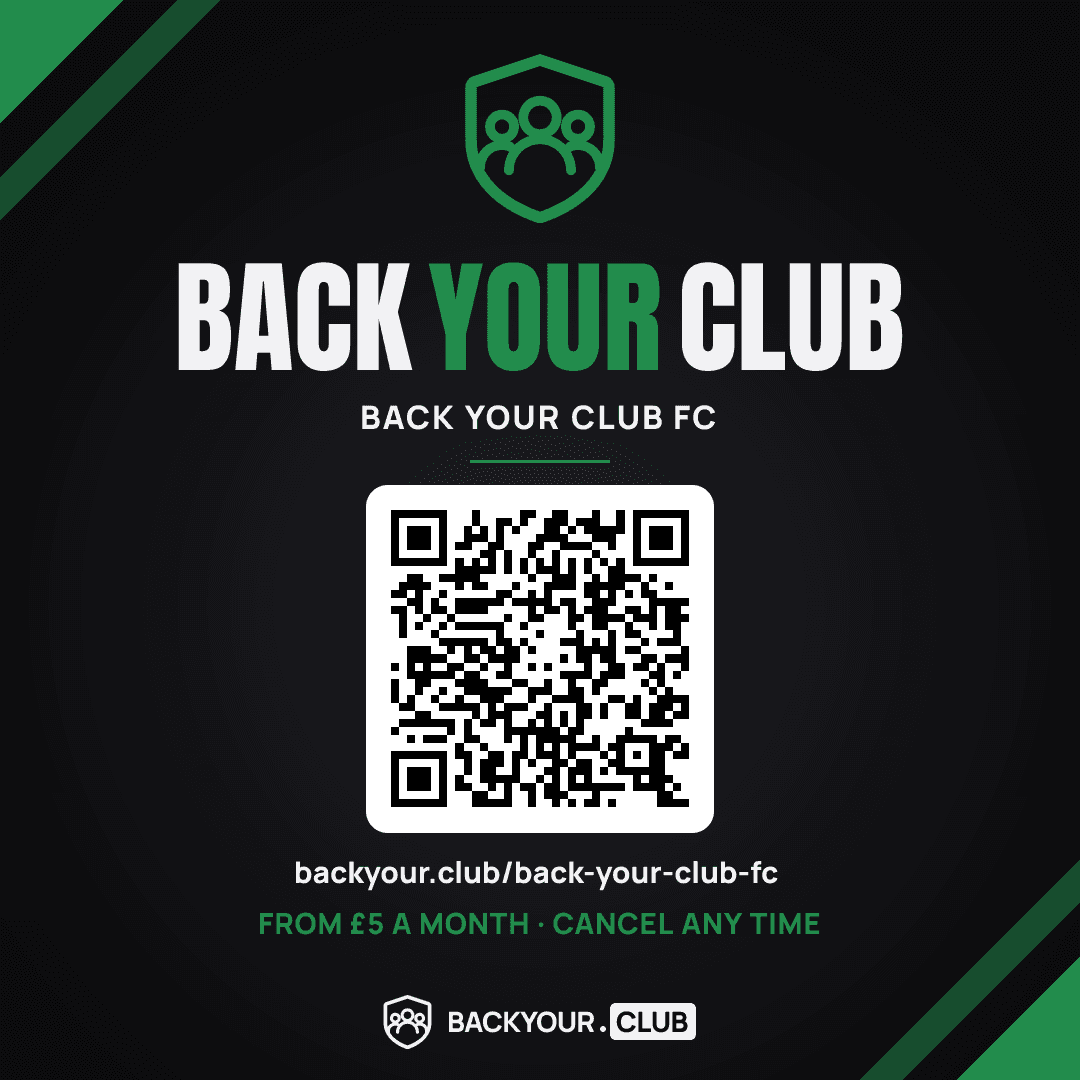 A square social post for an example club, Back Your Club FC, with a crest, a QR code and the address backyour.club slash back-your-club-fc
