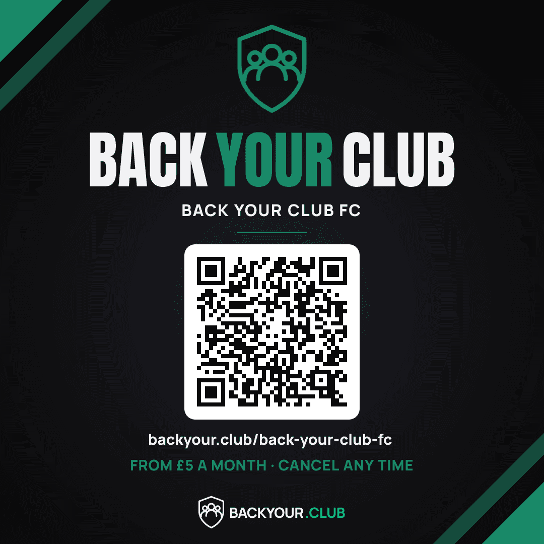 A square social post for an example club, Back Your Club FC, with a crest, a QR code and the address backyour.club slash back-your-club-fc