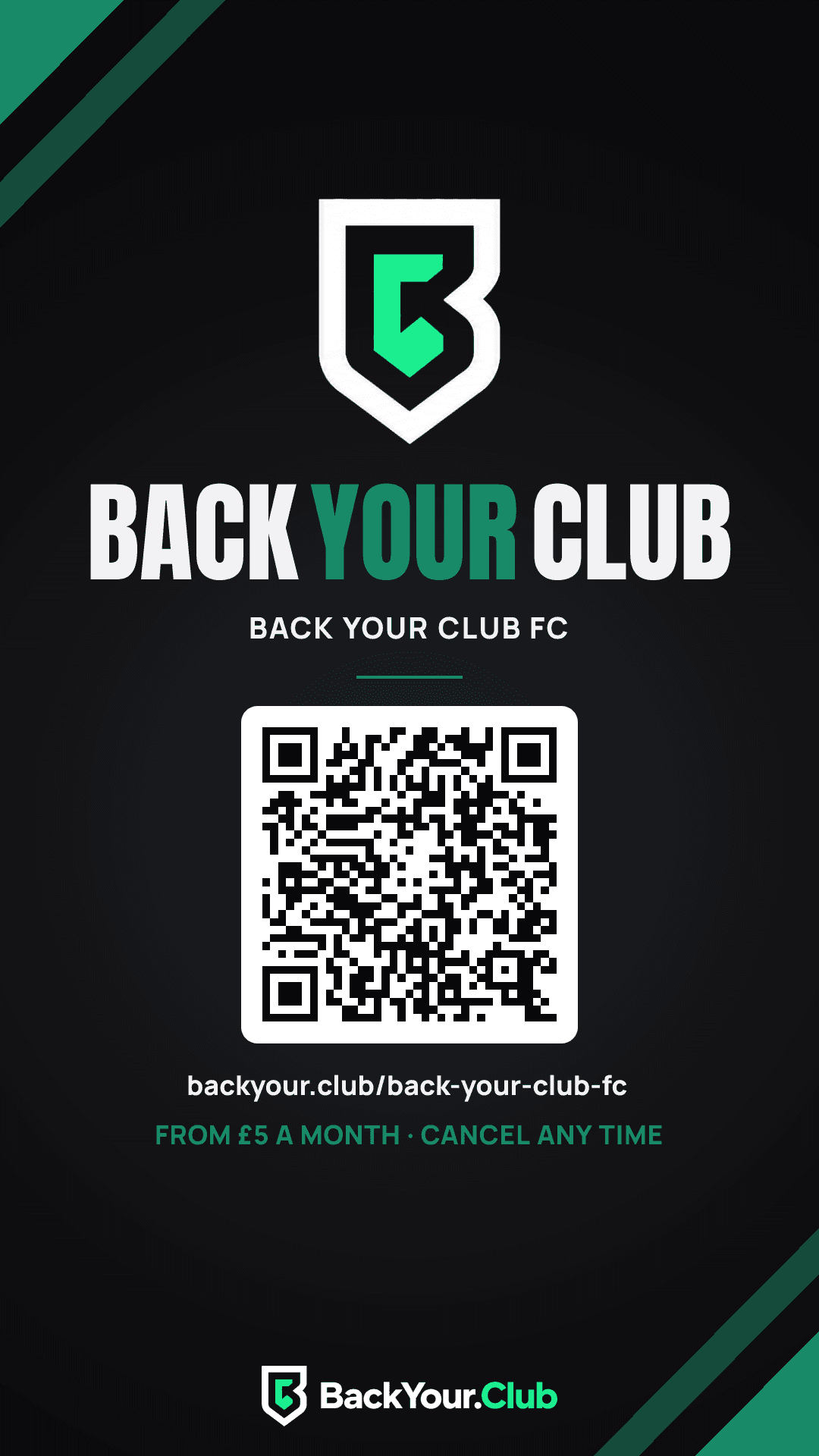 An Instagram story graphic for an example club, Back Your Club FC, with a crest, a QR code and the address backyour.club slash back-your-club-fc
