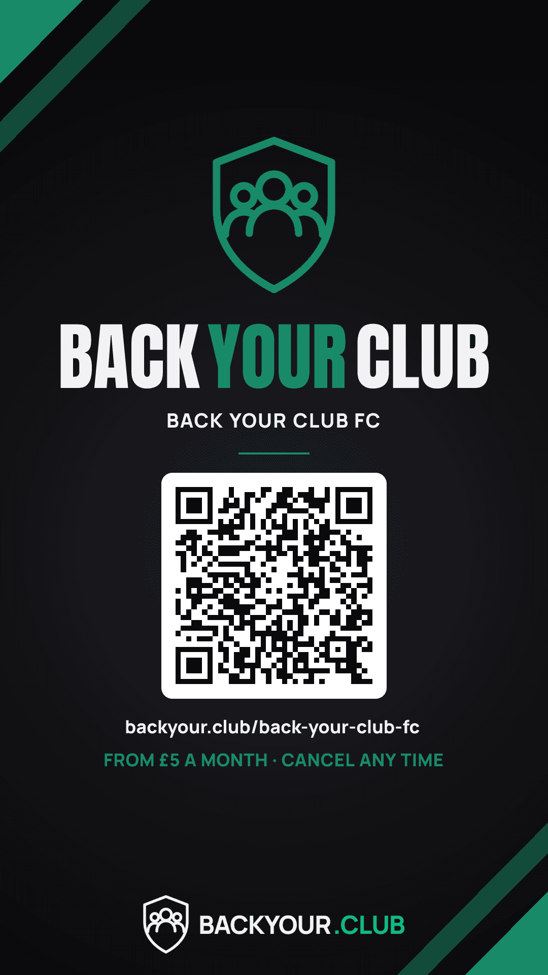 An Instagram story graphic for an example club, Back Your Club FC, with a crest, a QR code and the address backyour.club slash back-your-club-fc
